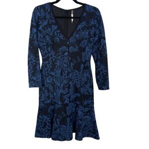 Plenty by Tracy Reese Small S Black Blue Jacquard Knit Dress Drop Waist Flared